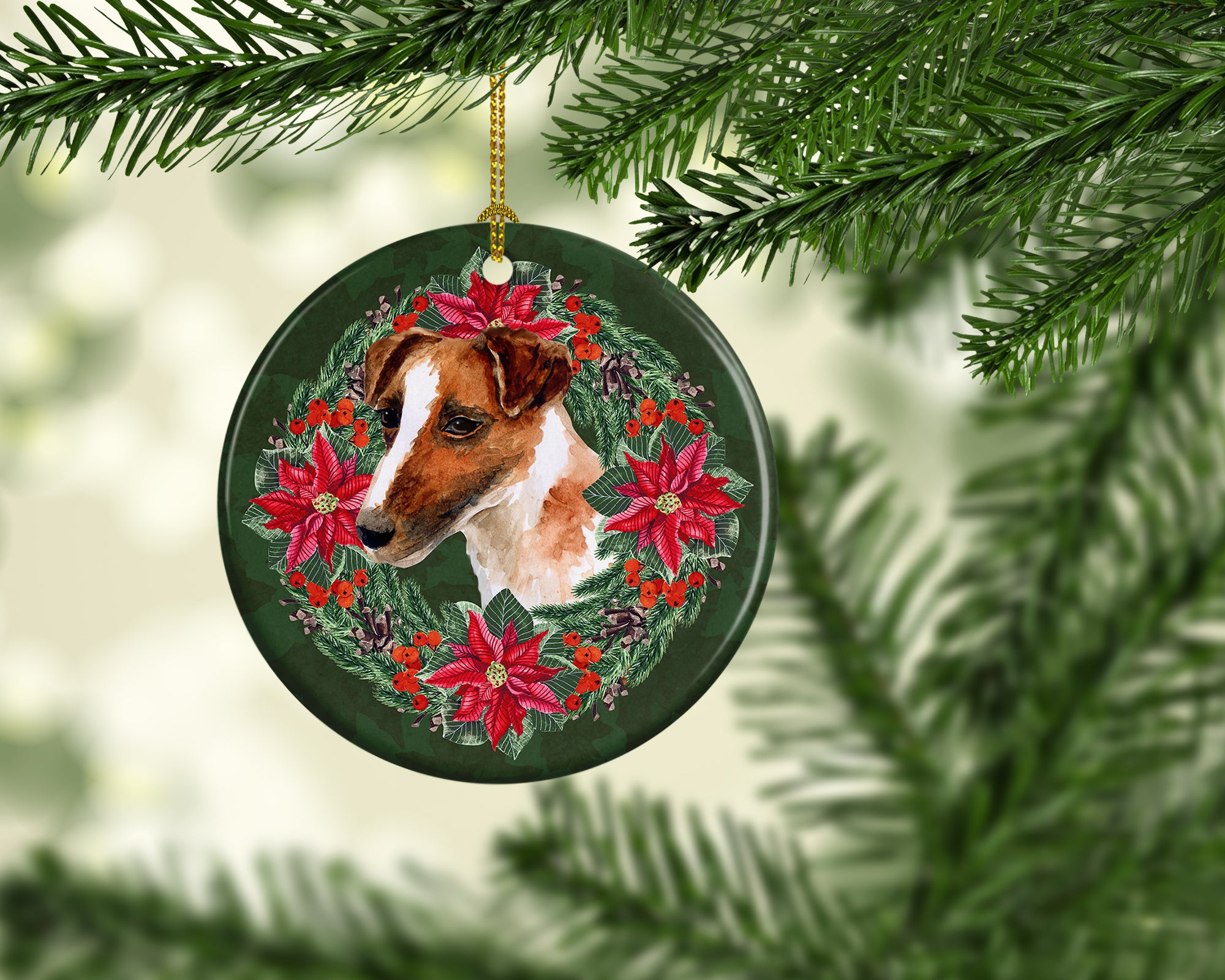 Smooth Fox Terrier Poinsetta Wreath Ceramic Ornament - the-store.com