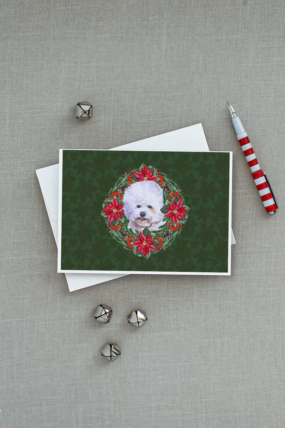 Bichon Frise Poinsetta Wreath Greeting Cards and Envelopes Pack of 8 - the-store.com