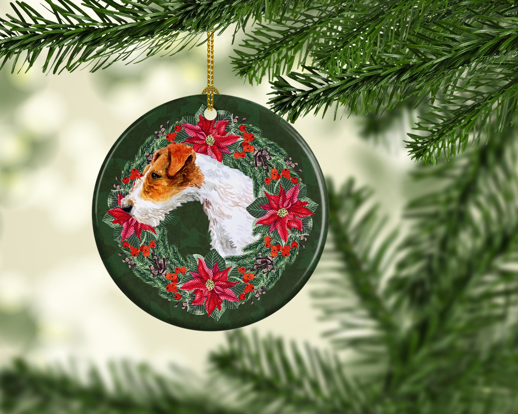 Fox Terrier Poinsetta Wreath Ceramic Ornament - the-store.com