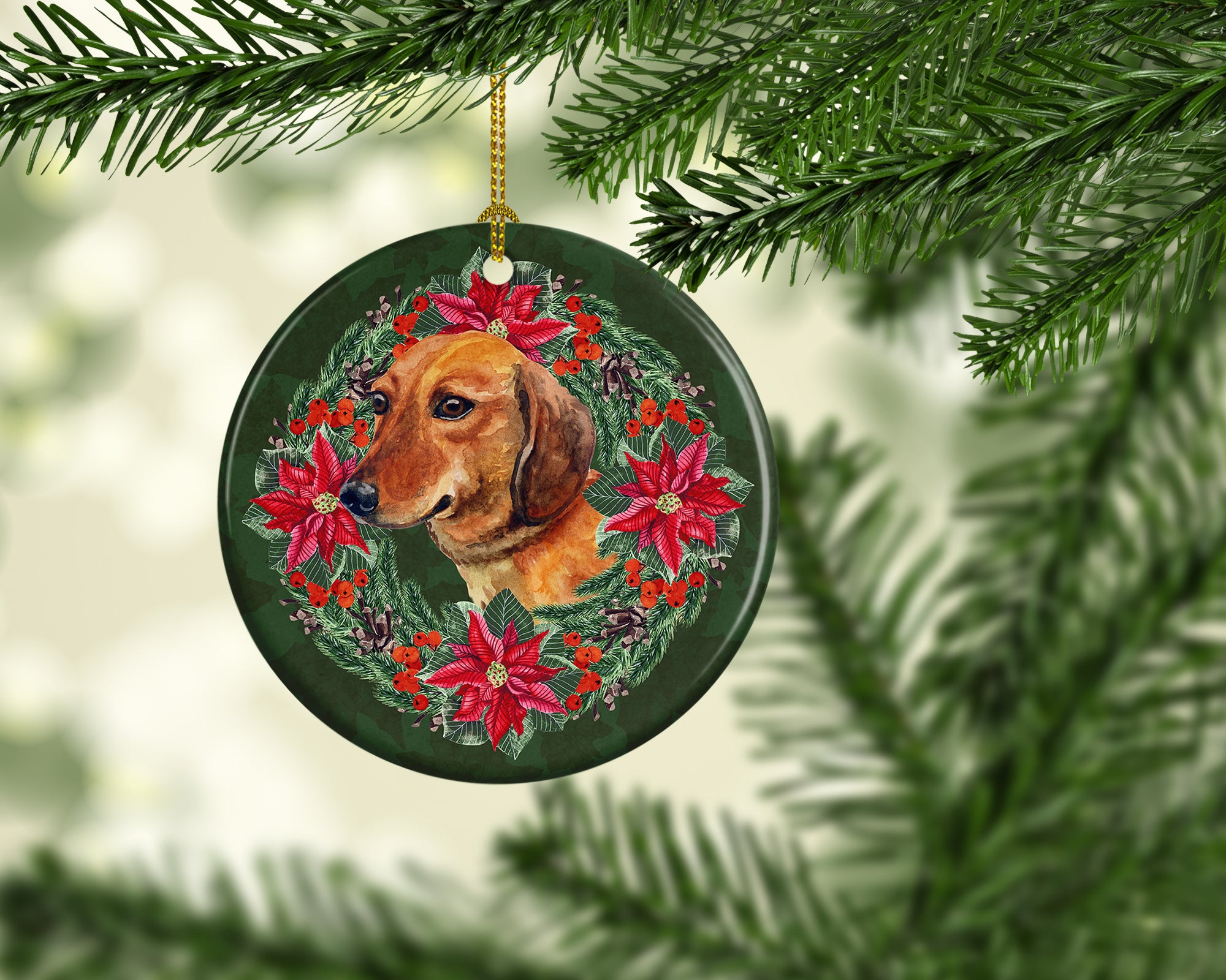 Buy this Dachshund Poinsetta Wreath Ceramic Ornament