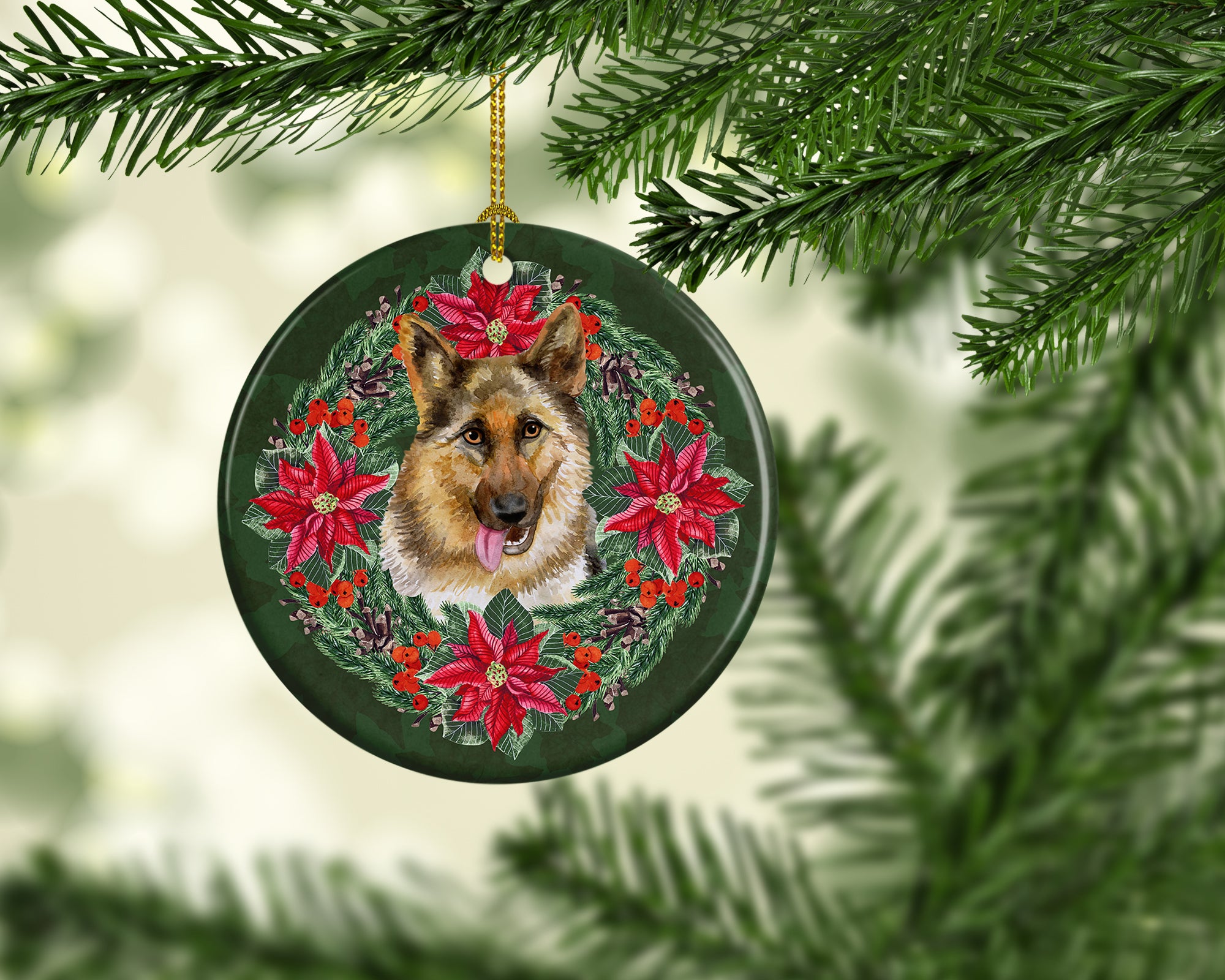 Buy this German Shepherd Poinsetta Wreath Ceramic Ornament