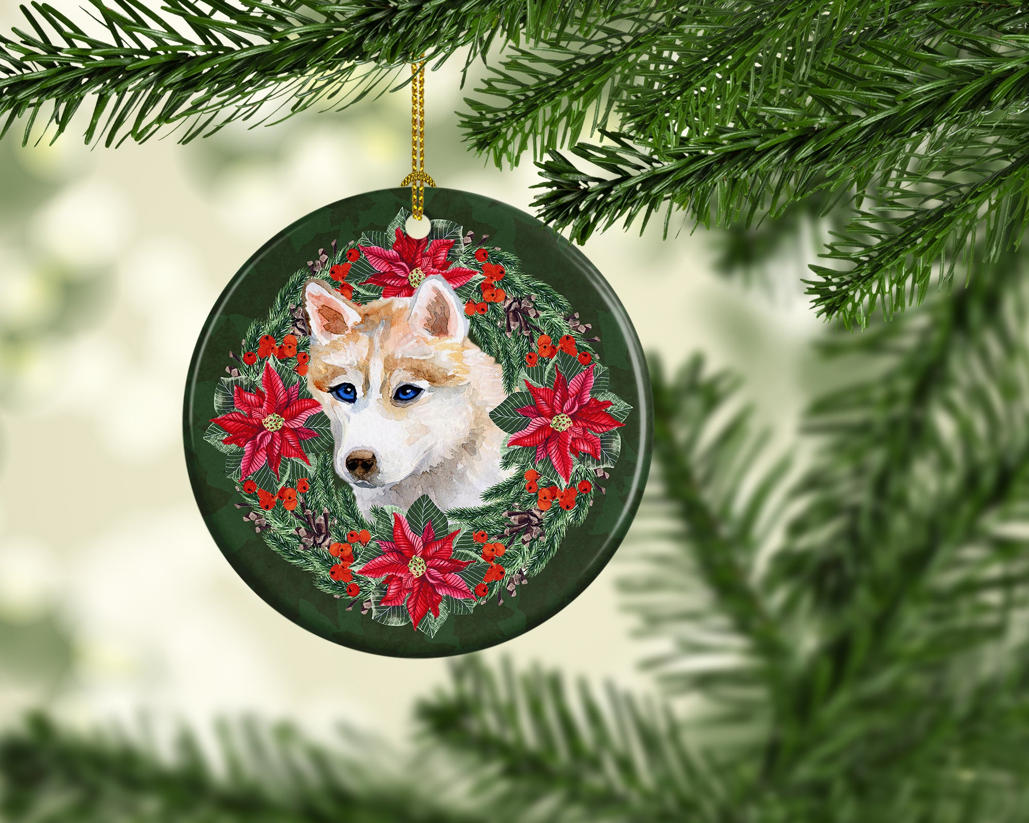 Siberian Husky Poinsetta Wreath Ceramic Ornament - the-store.com