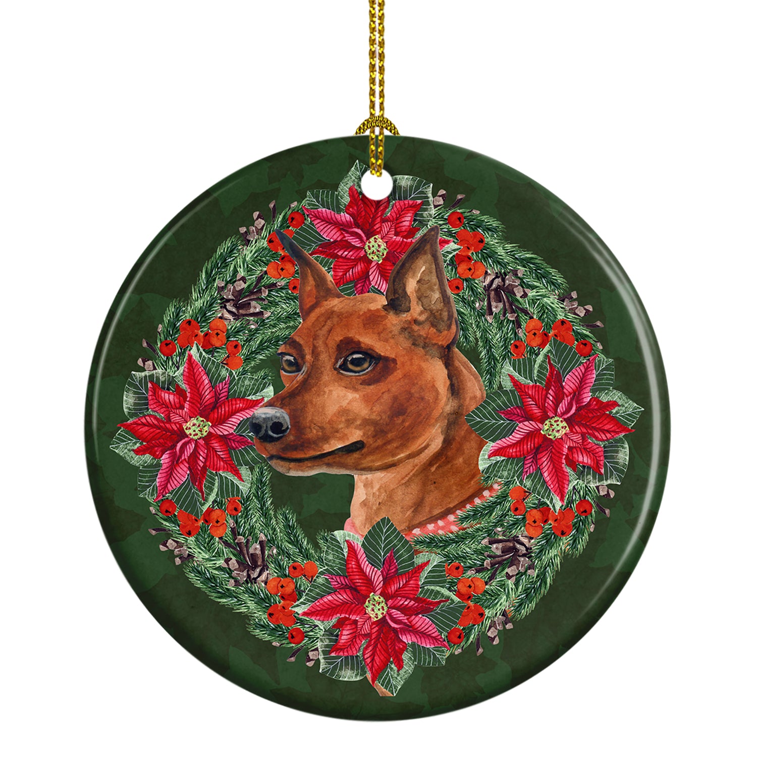 Buy this Miniature Pinscher Poinsetta Wreath Ceramic Ornament