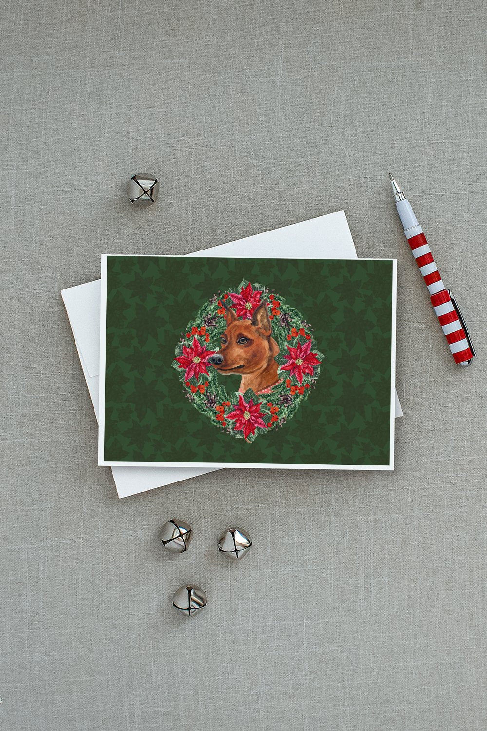 Miniature Pinscher Poinsetta Wreath Greeting Cards and Envelopes Pack of 8 - the-store.com