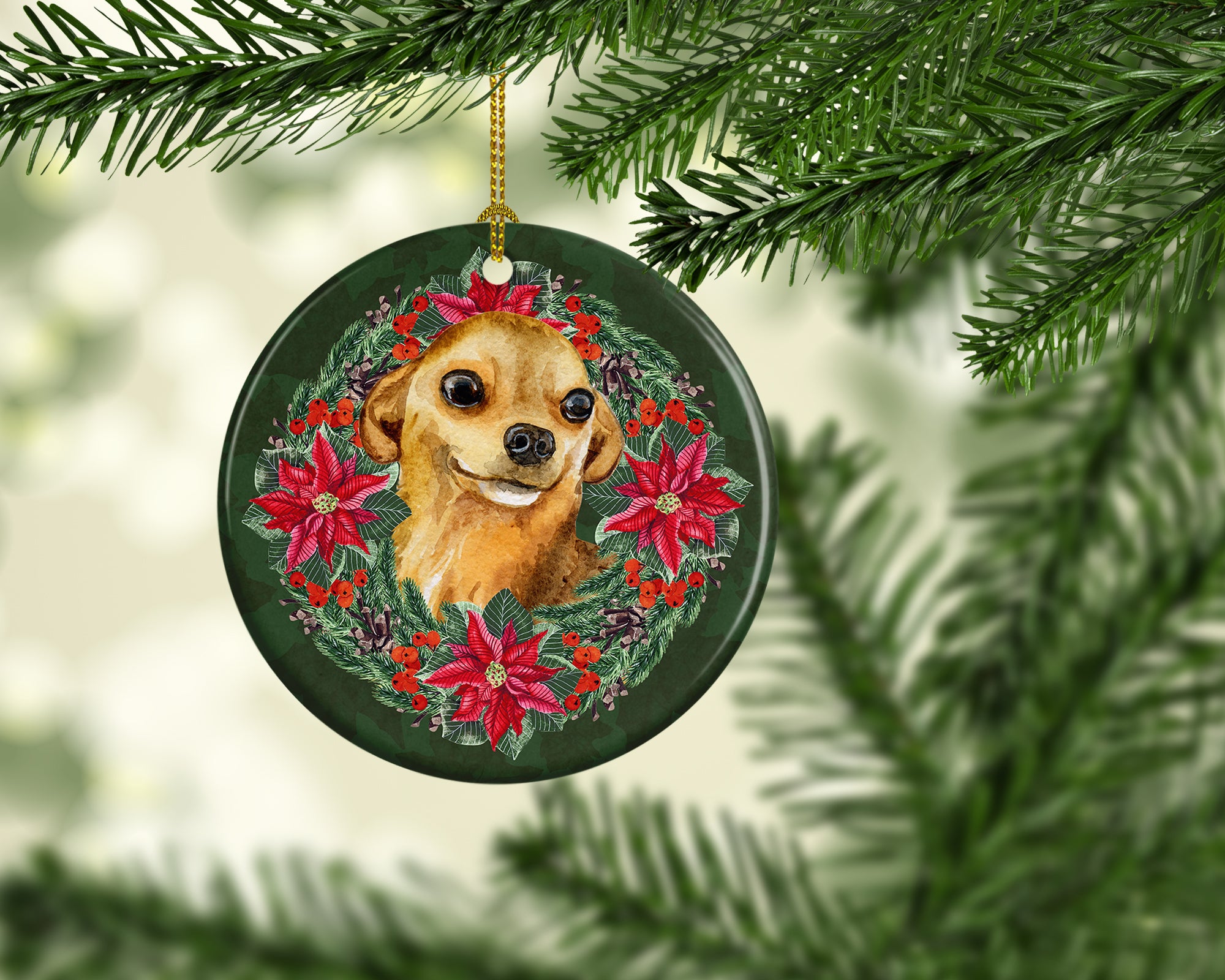 Buy this Chihuahua Poinsetta Wreath Ceramic Ornament