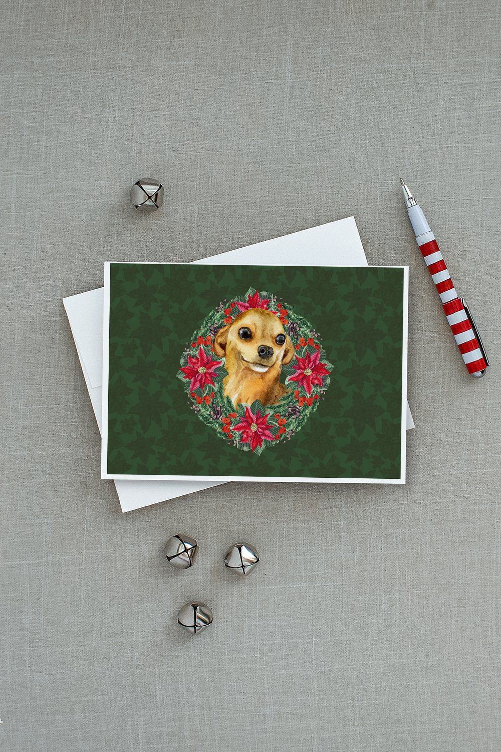 Chihuahua Poinsetta Wreath Greeting Cards and Envelopes Pack of 8 - the-store.com