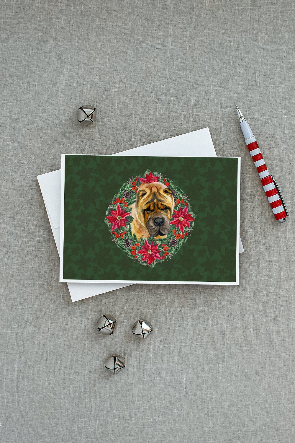 Shar Pei Poinsetta Wreath Greeting Cards and Envelopes Pack of 8 - the-store.com