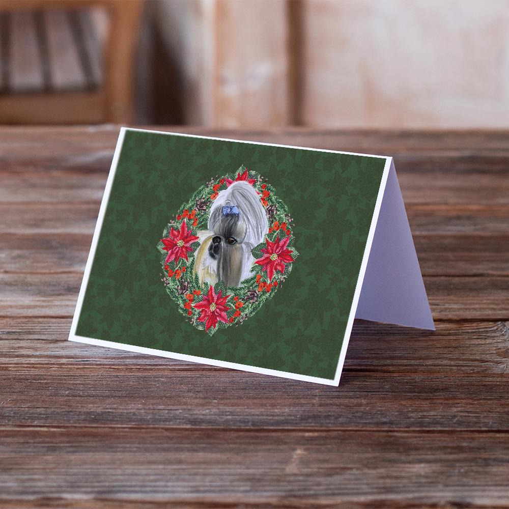 Shih Tzu Poinsetta Wreath Greeting Cards and Envelopes Pack of 8 - the-store.com