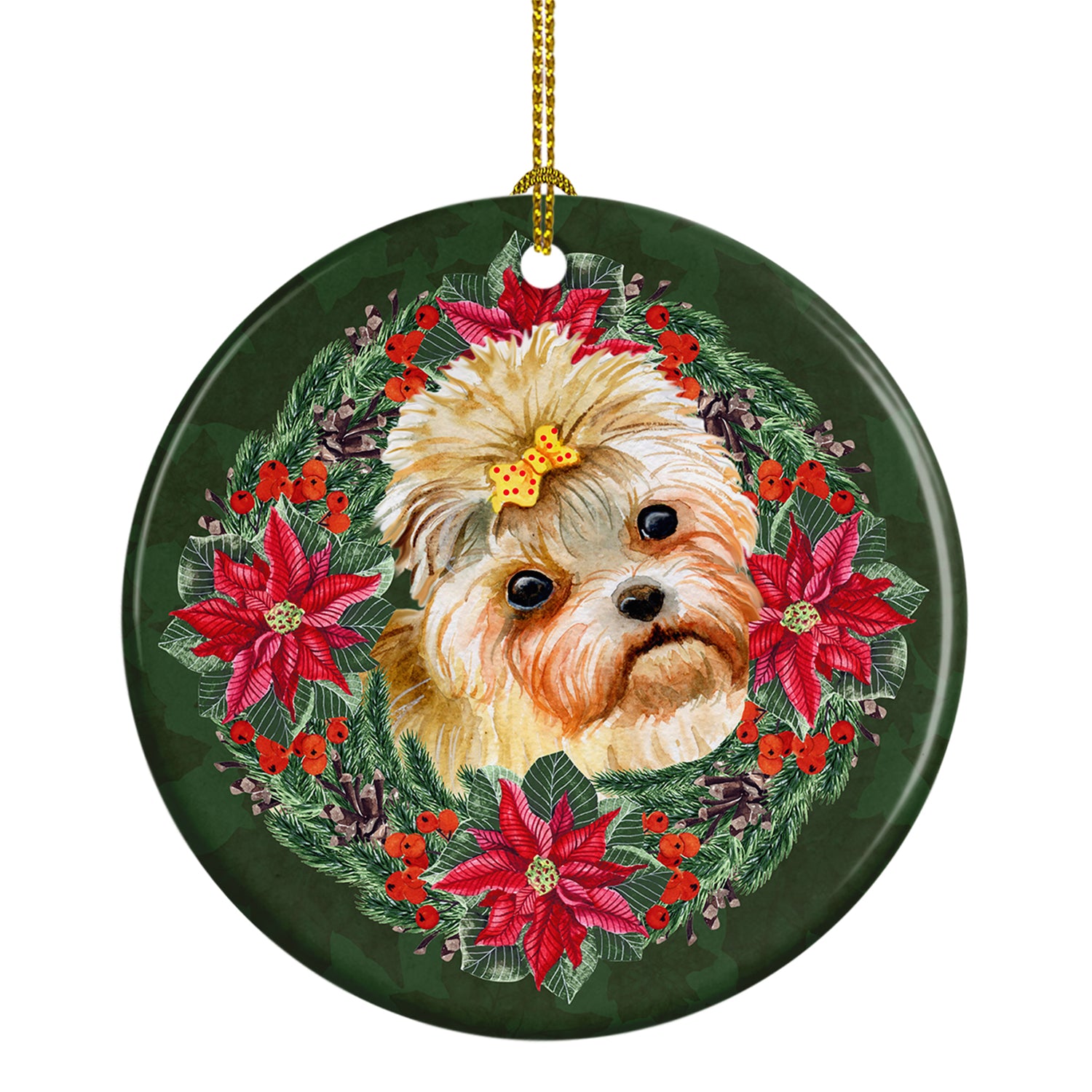 Buy this Morkie Poinsetta Wreath Ceramic Ornament