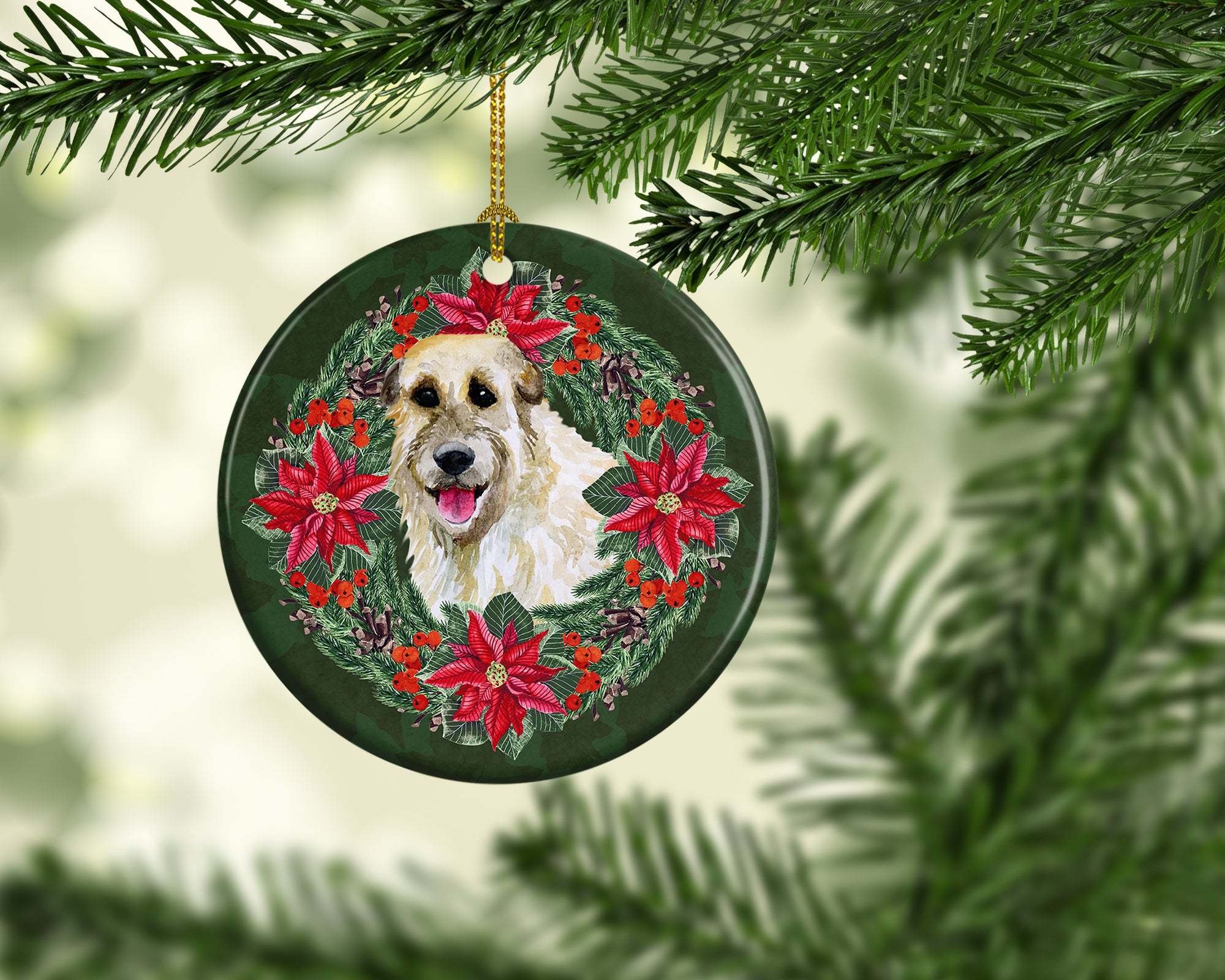Irish Wolfhound Poinsetta Wreath Ceramic Ornament - the-store.com