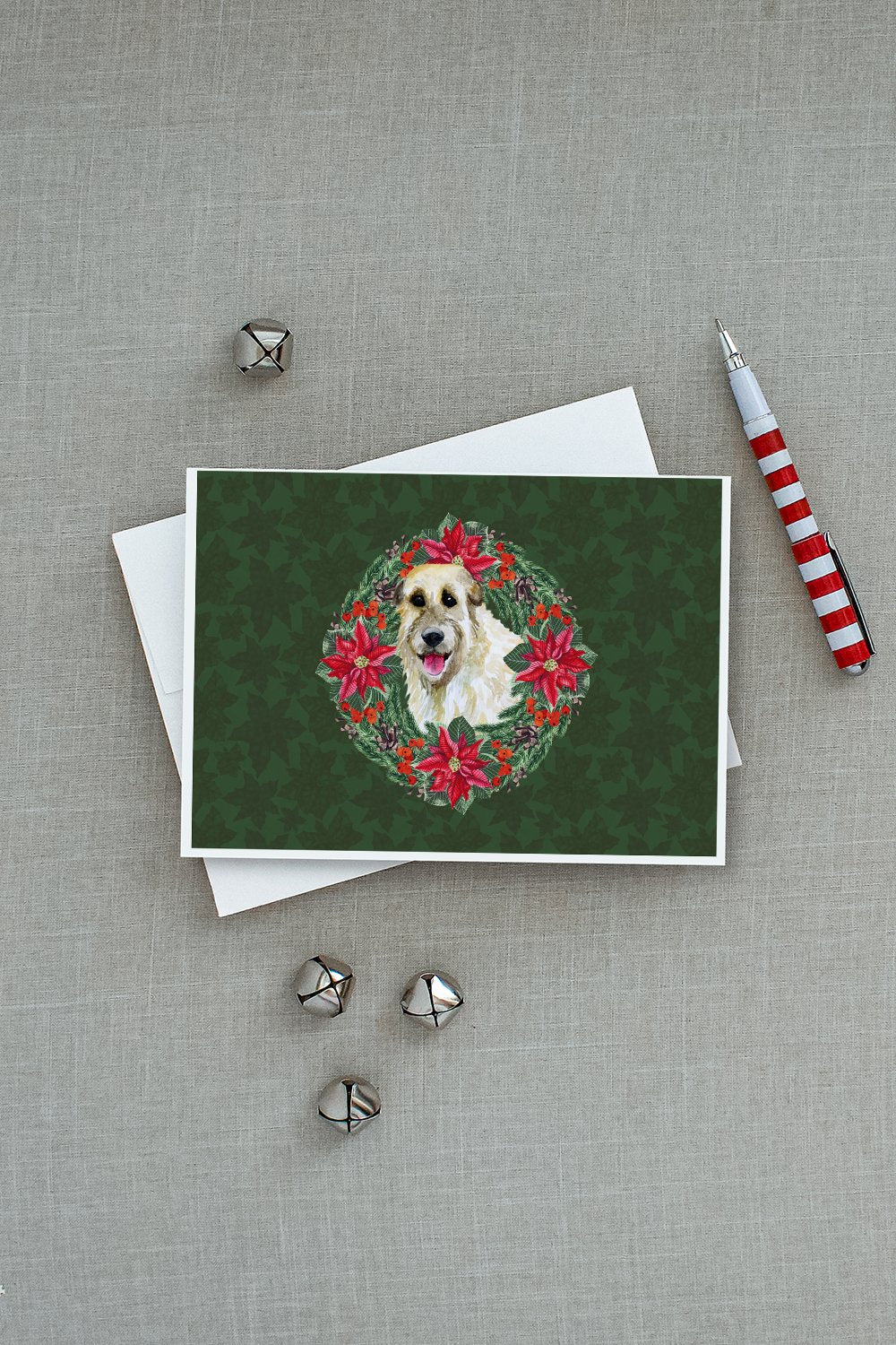 Irish Wolfhound Poinsetta Wreath Greeting Cards and Envelopes Pack of 8 - the-store.com