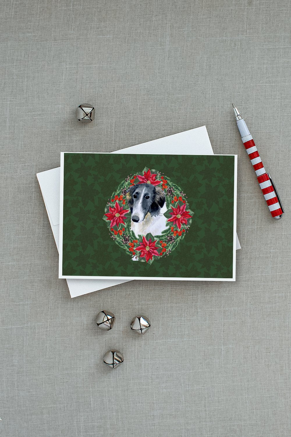 Borzoi Poinsetta Wreath Greeting Cards and Envelopes Pack of 8 - the-store.com