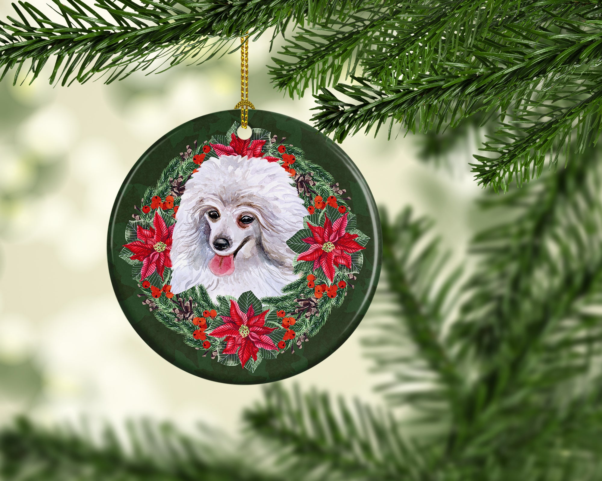 Medium White Poodle Poinsetta Wreath Ceramic Ornament - the-store.com