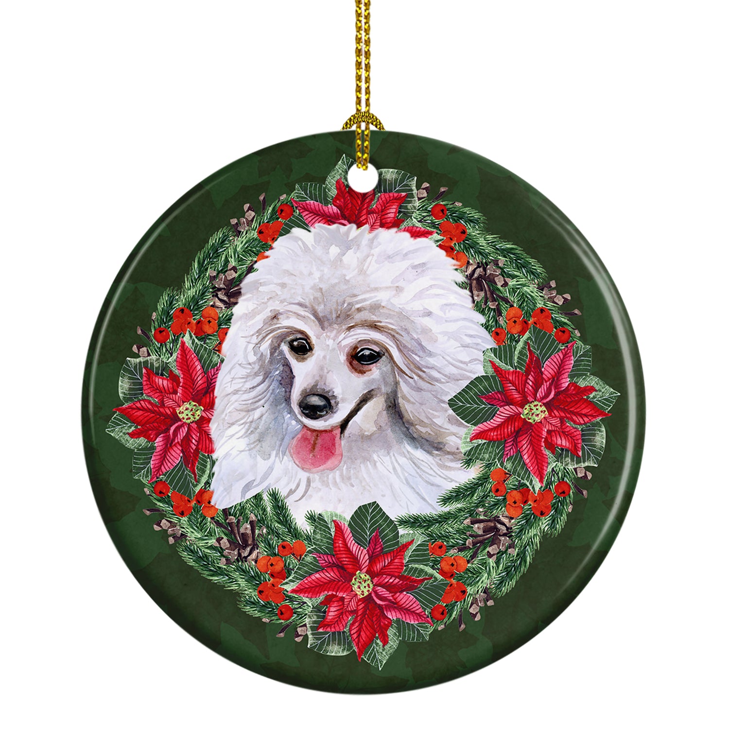 Buy this Medium White Poodle Poinsetta Wreath Ceramic Ornament