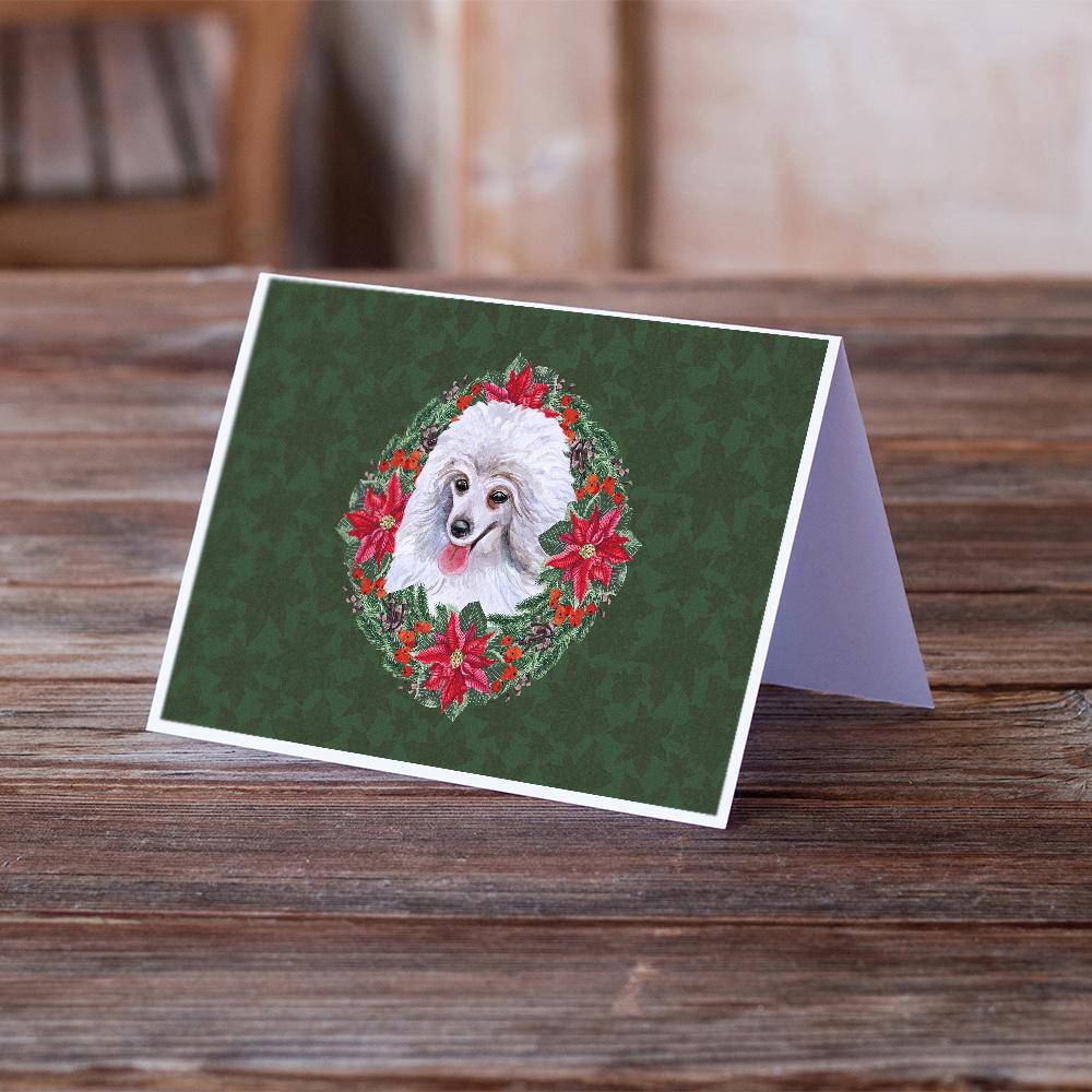 Medium White Poodle Poinsetta Wreath Greeting Cards and Envelopes Pack of 8 - the-store.com