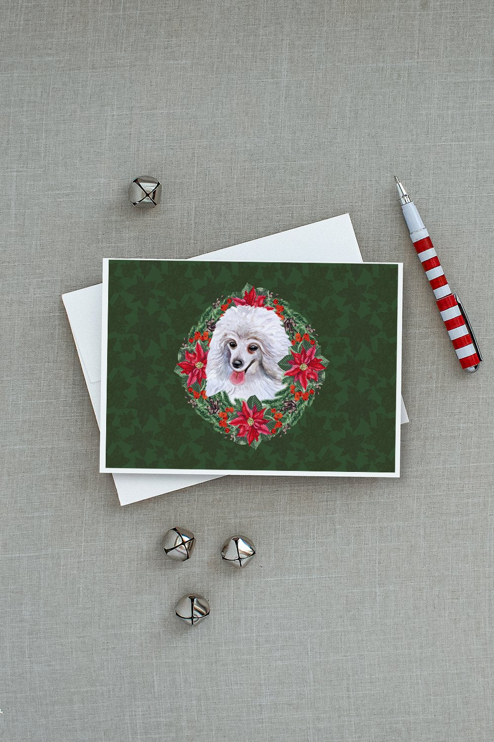 Medium White Poodle Poinsetta Wreath Greeting Cards and Envelopes Pack of 8 - the-store.com