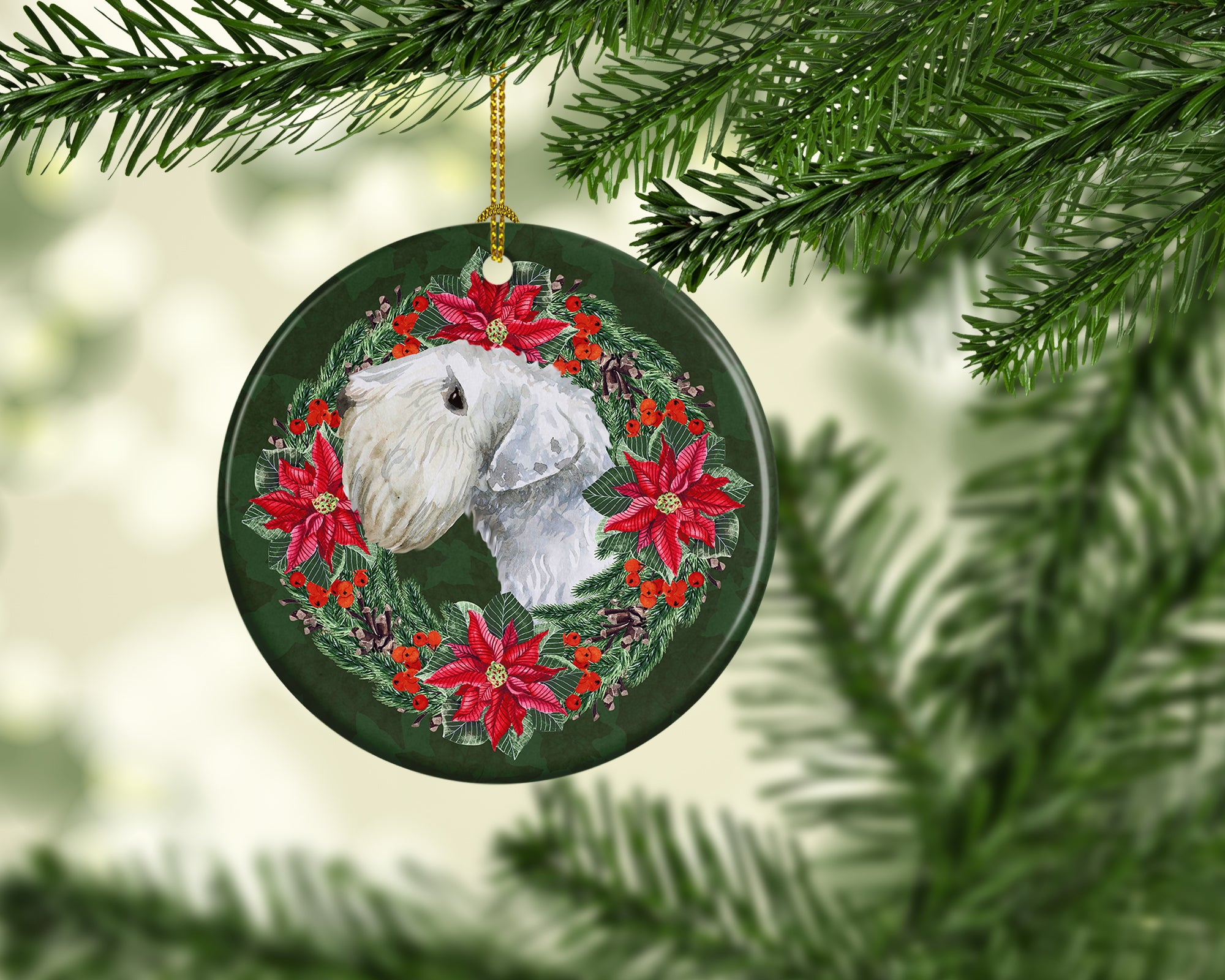 Sealyham Terrier Poinsetta Wreath Ceramic Ornament - the-store.com