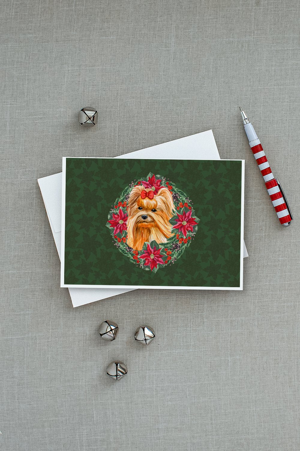 Yorkshire Terrier Poinsetta Wreath Greeting Cards and Envelopes Pack of 8 - the-store.com