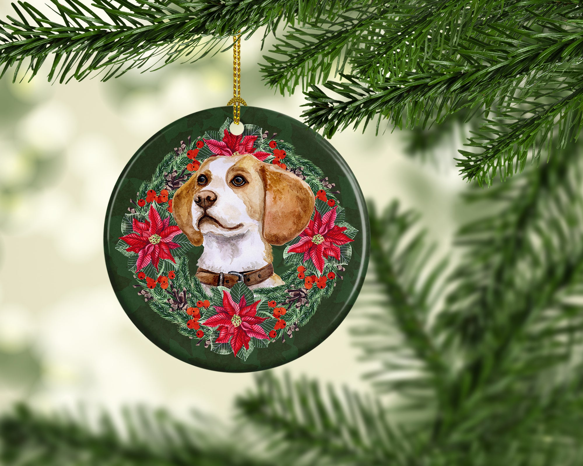 Beagle Poinsetta Wreath Ceramic Ornament - the-store.com