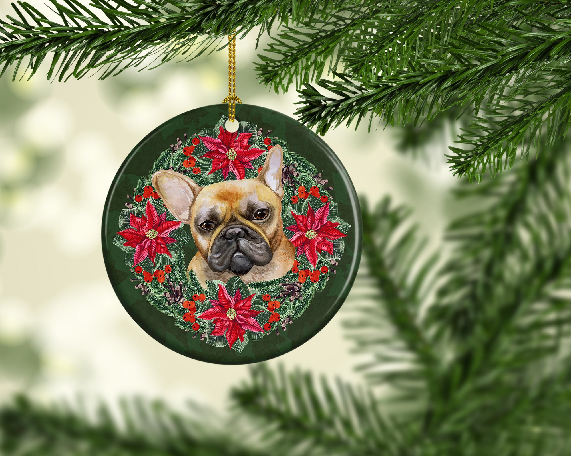 French Bulldog Poinsetta Wreath Ceramic Ornament - the-store.com