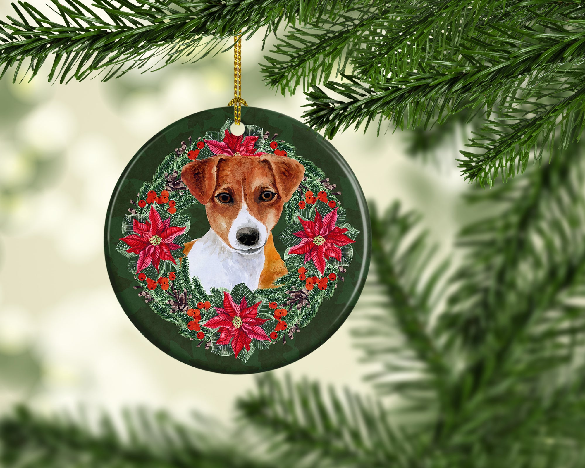 Jack Russell Terrier Poinsetta Wreath Ceramic Ornament - the-store.com