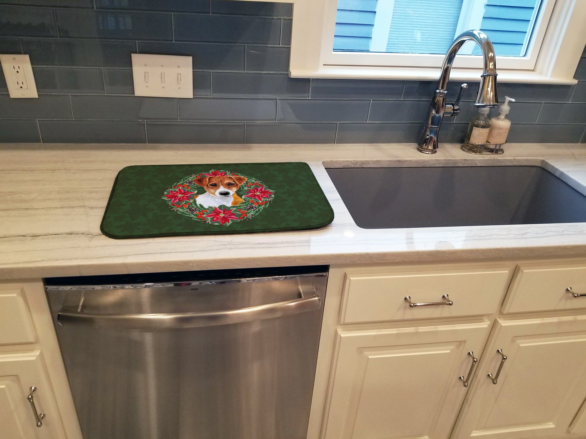 Jack Russell Terrier Poinsetta Wreath Dish Drying Mat CK1555DDM
