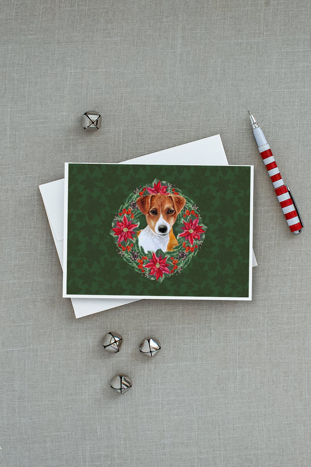 Jack Russell Terrier Poinsetta Wreath Greeting Cards and Envelopes Pack of 8 - the-store.com