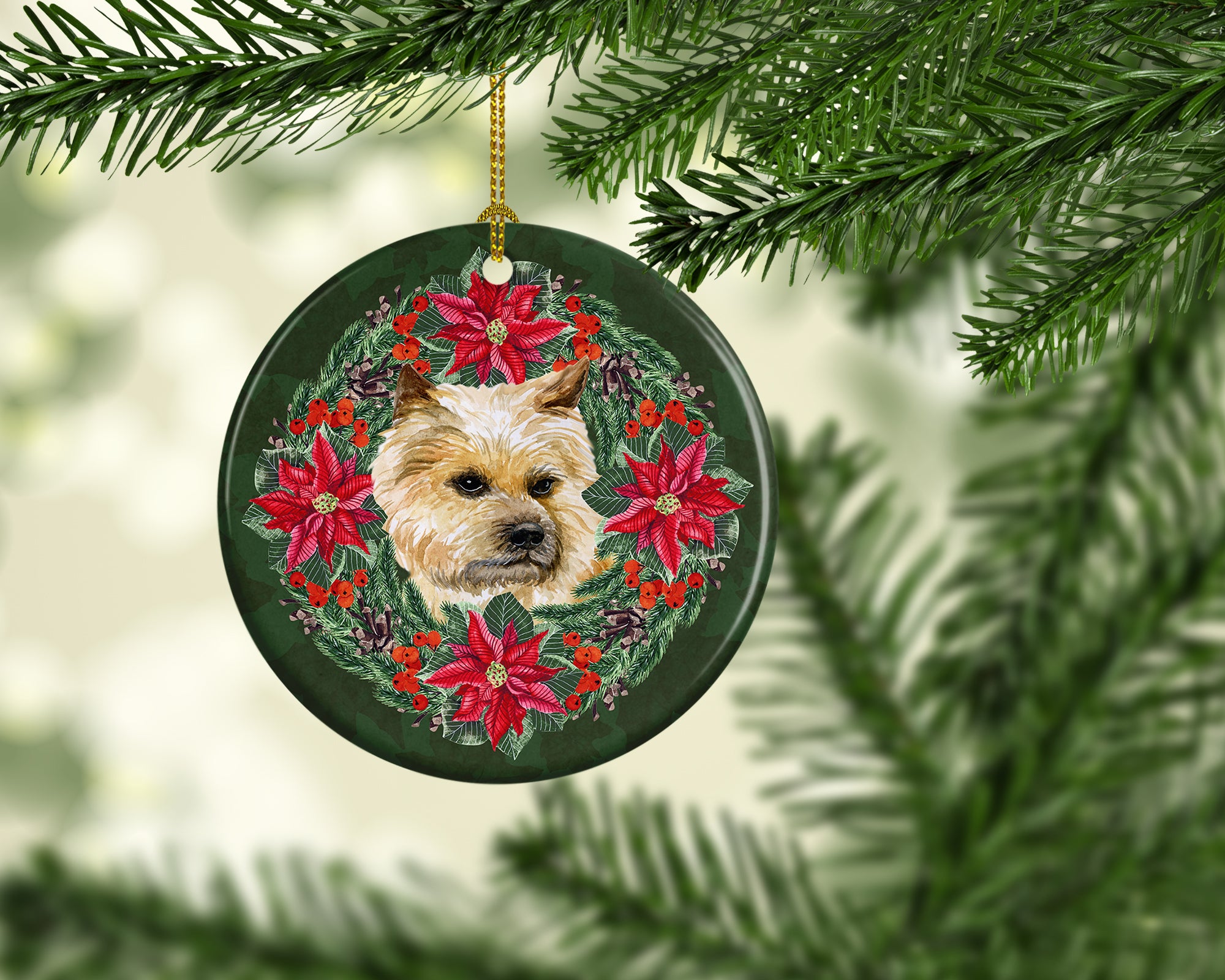 Cairn Terrier Poinsetta Wreath Ceramic Ornament - the-store.com