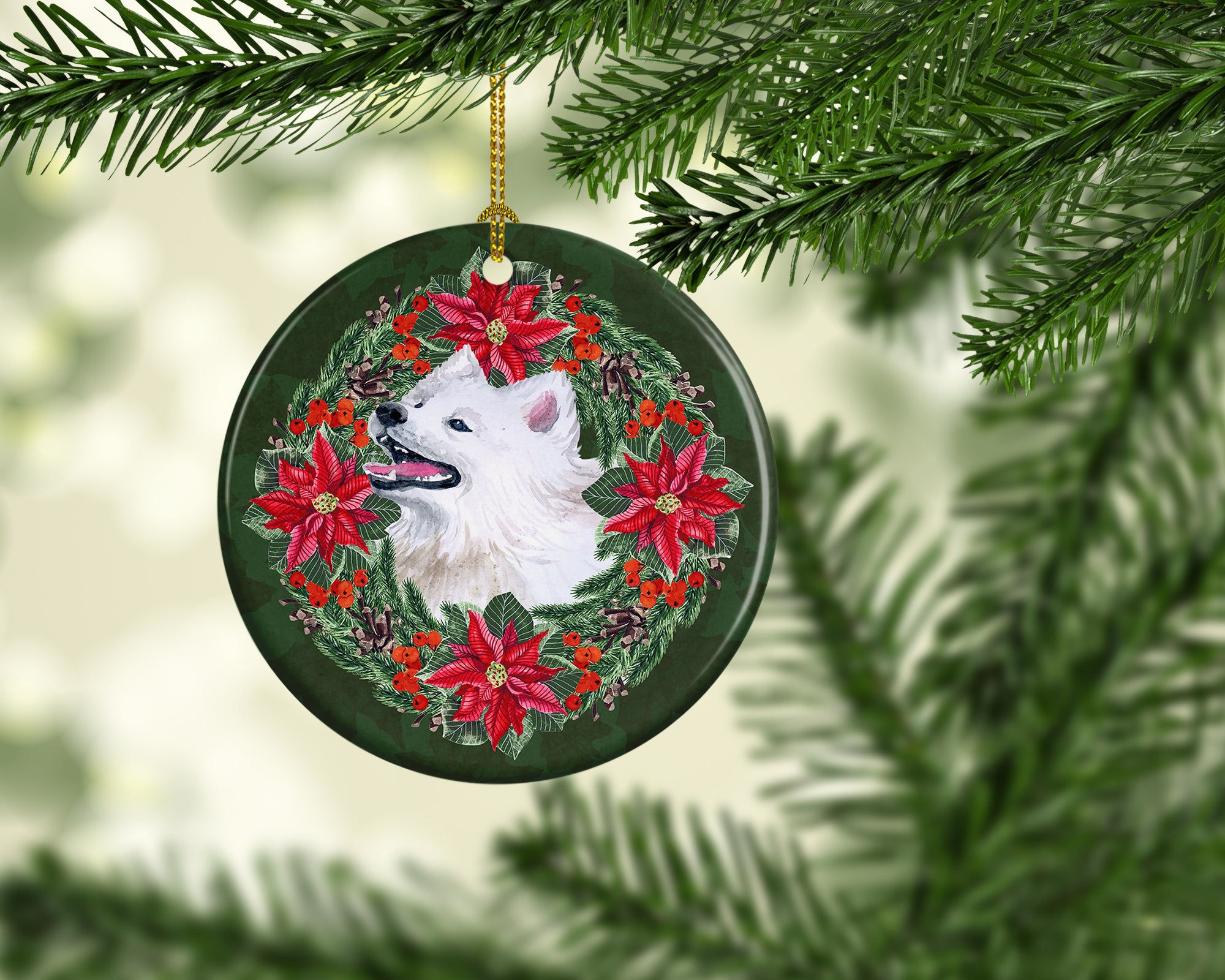 Samoyed Poinsetta Wreath Ceramic Ornament - the-store.com