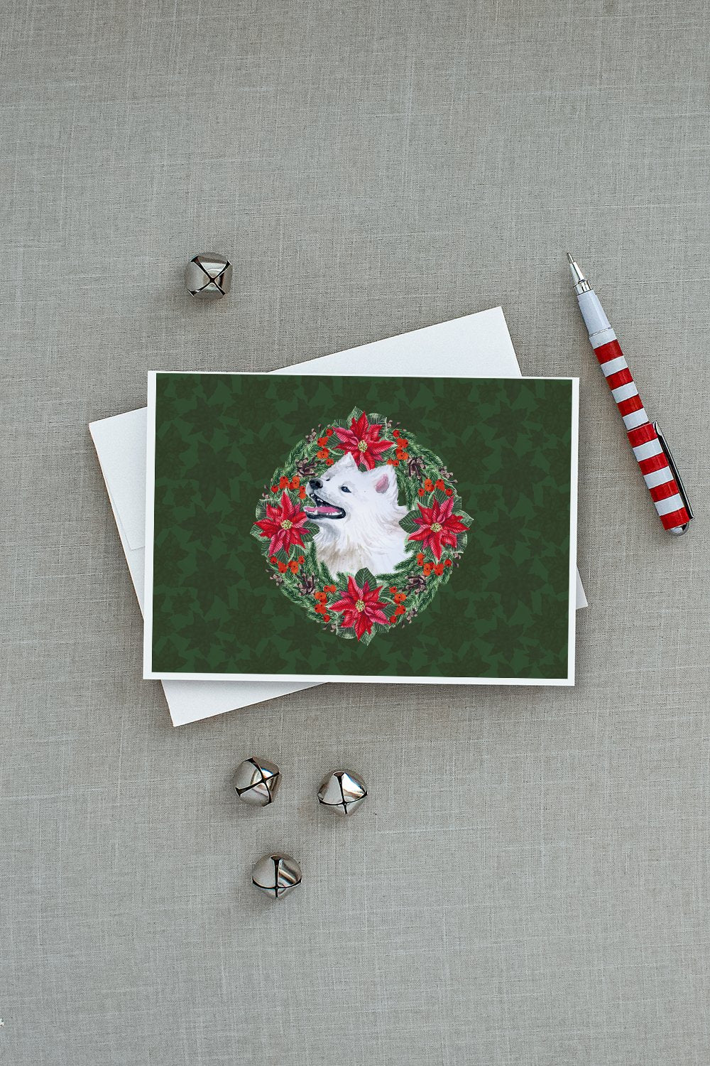 Samoyed Poinsetta Wreath Greeting Cards and Envelopes Pack of 8 - the-store.com