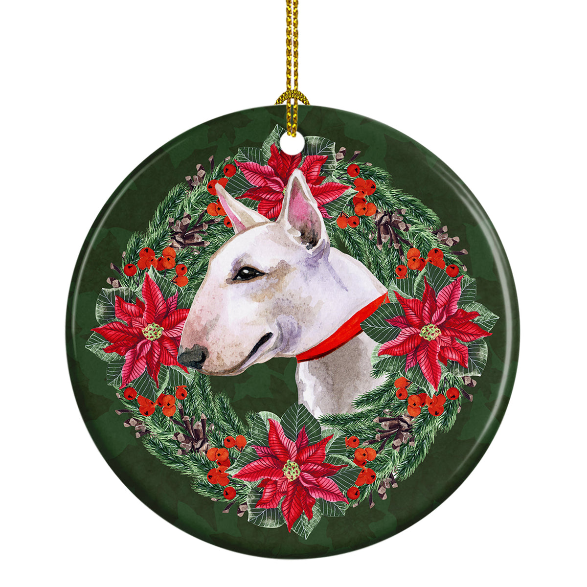 Buy this Bull Terrier Poinsetta Wreath Ceramic Ornament