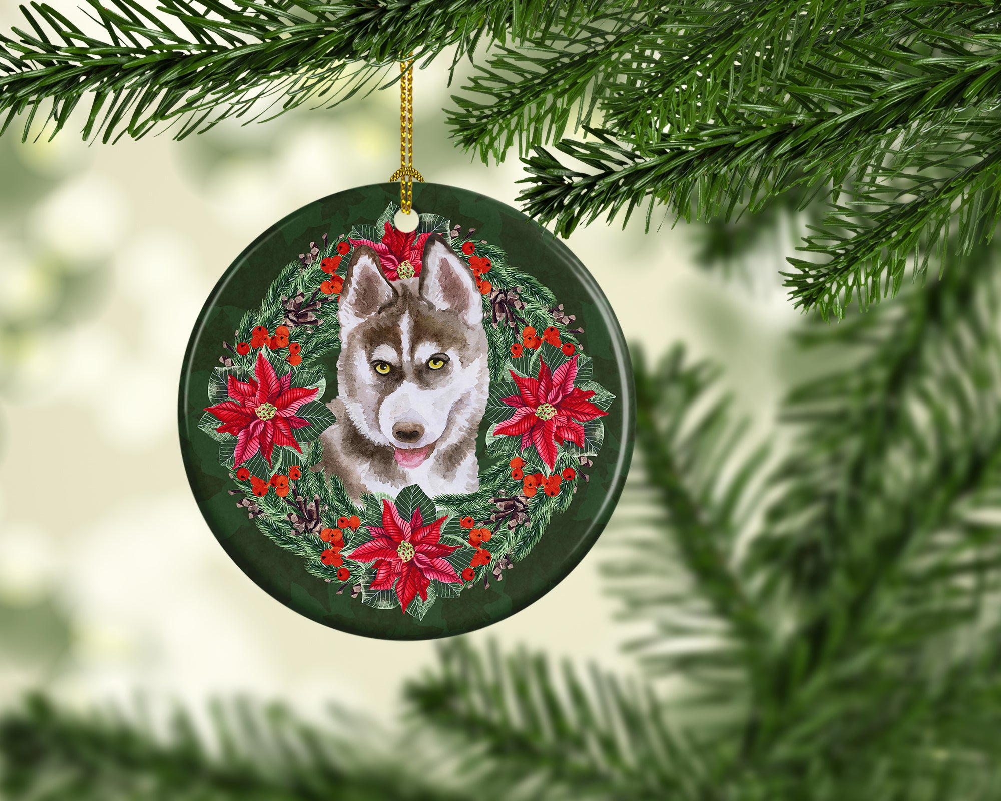Siberian Husky Grey Poinsetta Wreath Ceramic Ornament - the-store.com