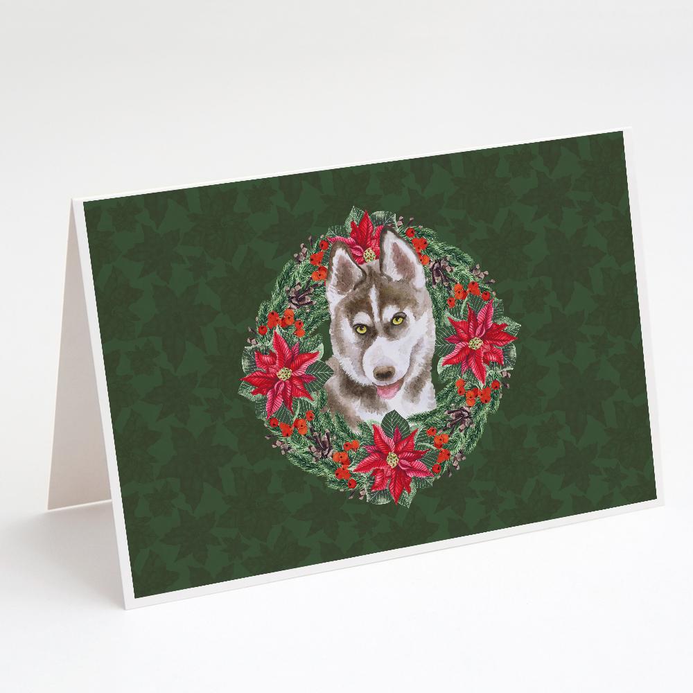 Buy this Siberian Husky Grey Poinsetta Wreath Greeting Cards and Envelopes Pack of 8