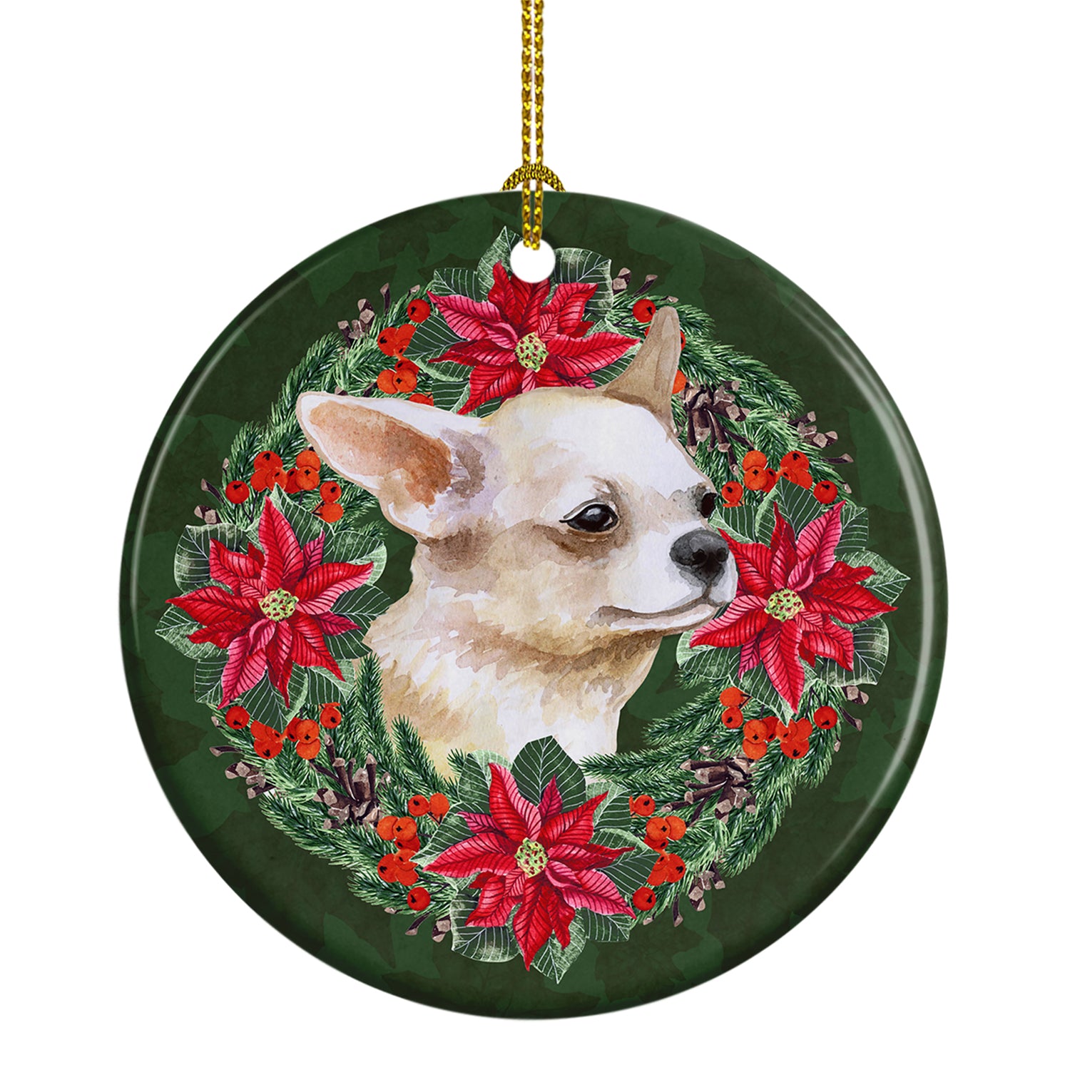 Buy this Chihuahua Leg up Poinsetta Wreath Ceramic Ornament