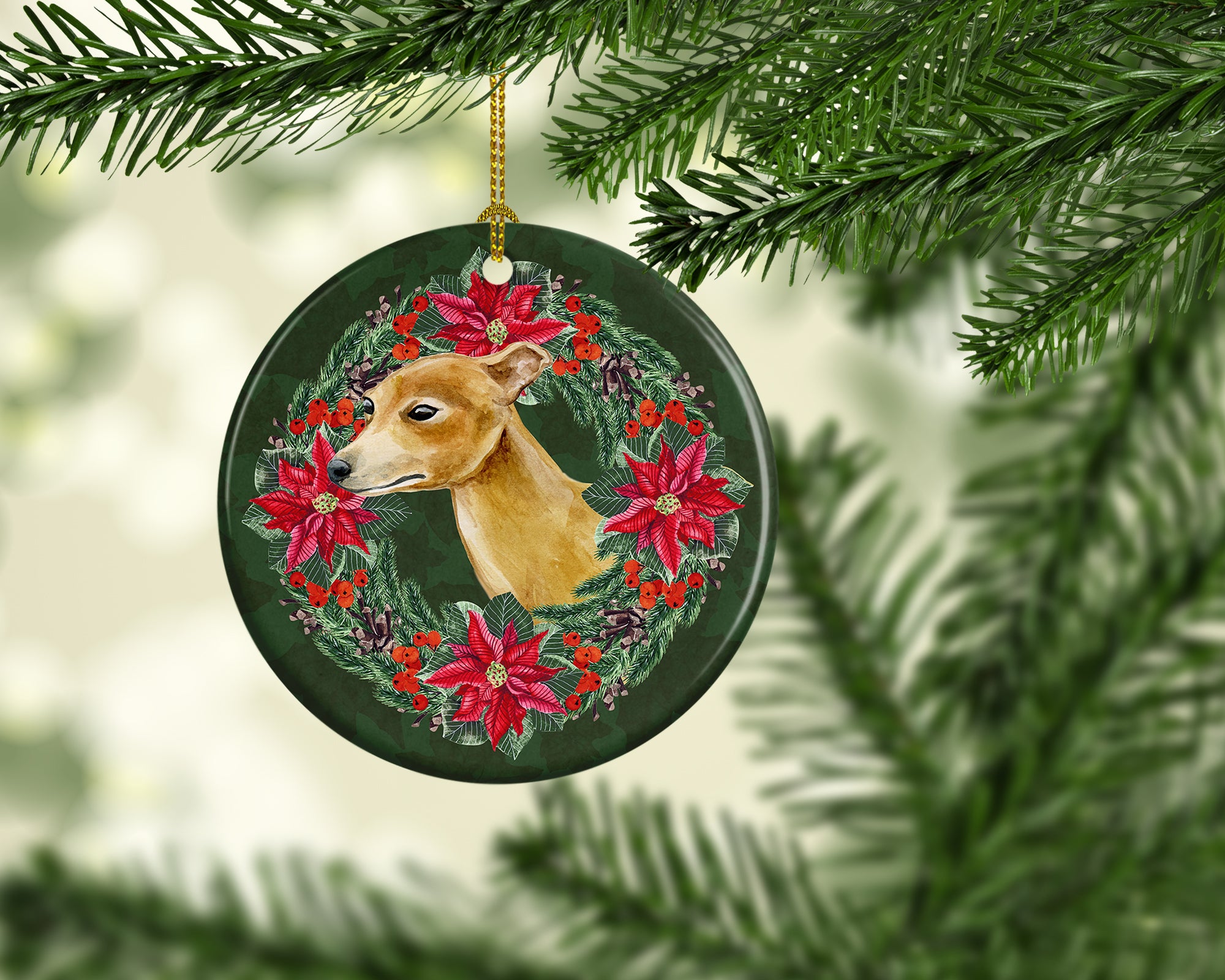 Italian Greyhound Poinsetta Wreath Ceramic Ornament - the-store.com