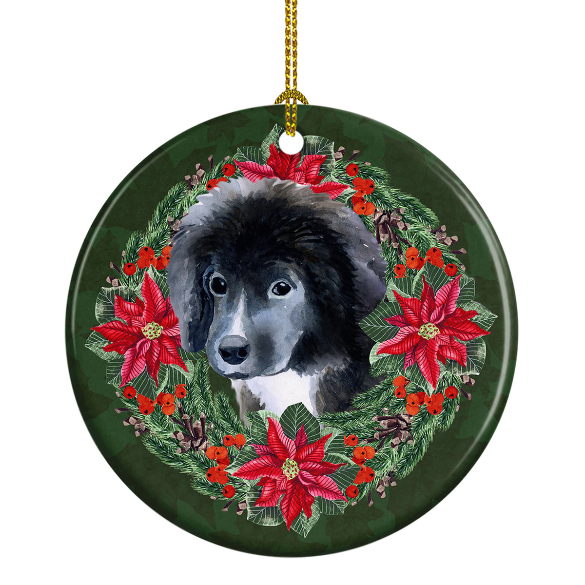 Buy this Newfoundland Puppy Poinsetta Wreath Ceramic Ornament