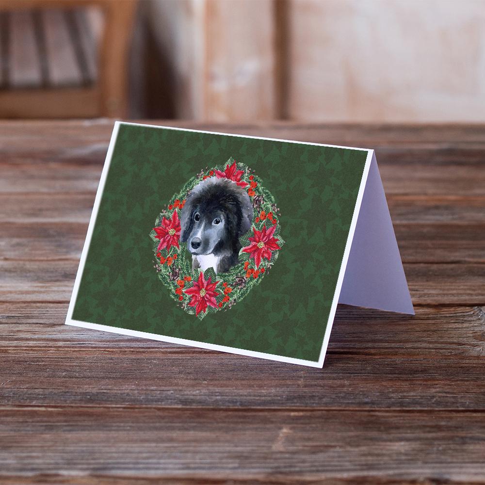 Newfoundland Puppy Poinsetta Wreath Greeting Cards and Envelopes Pack of 8 - the-store.com