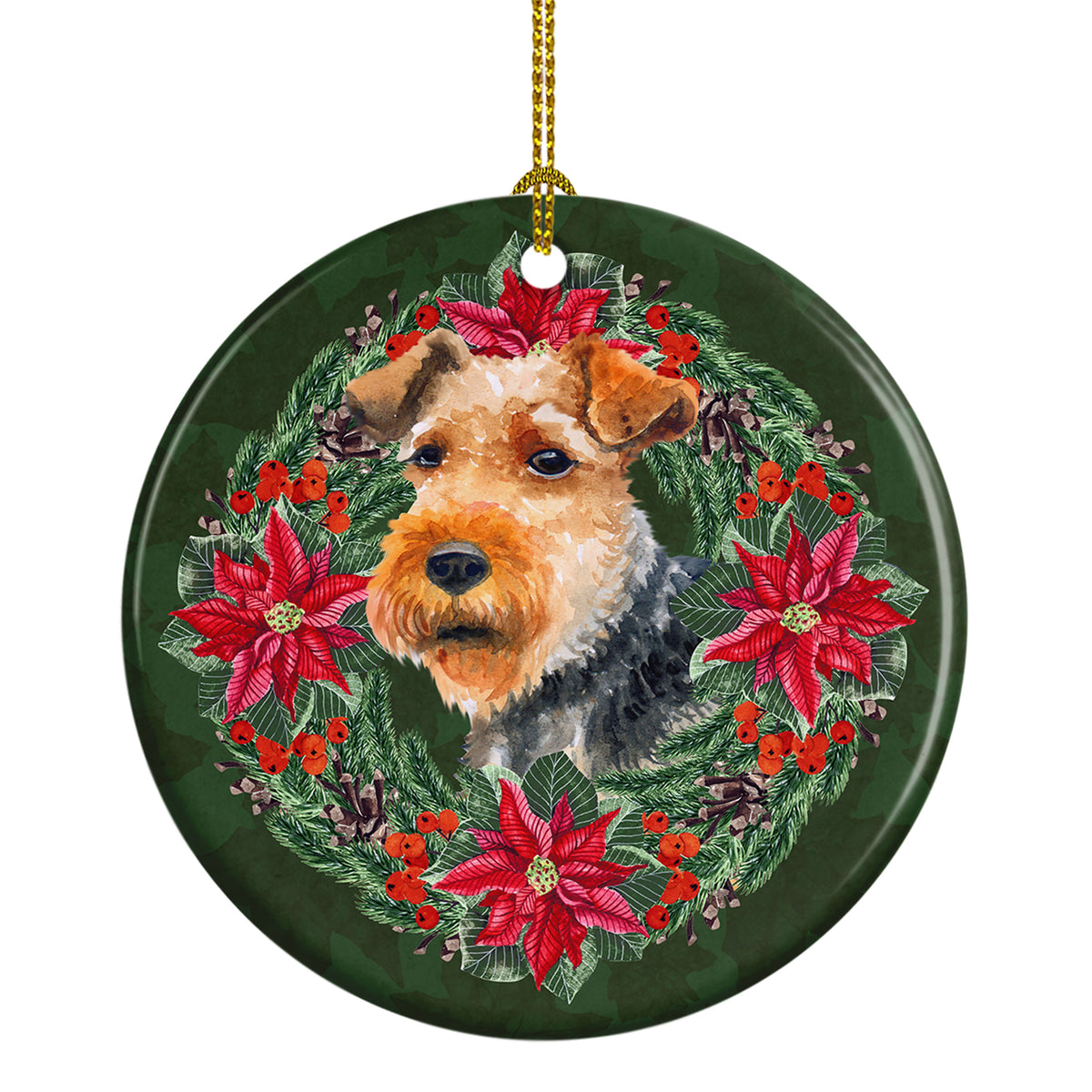 Buy this Welsh Terrier Poinsetta Wreath Ceramic Ornament