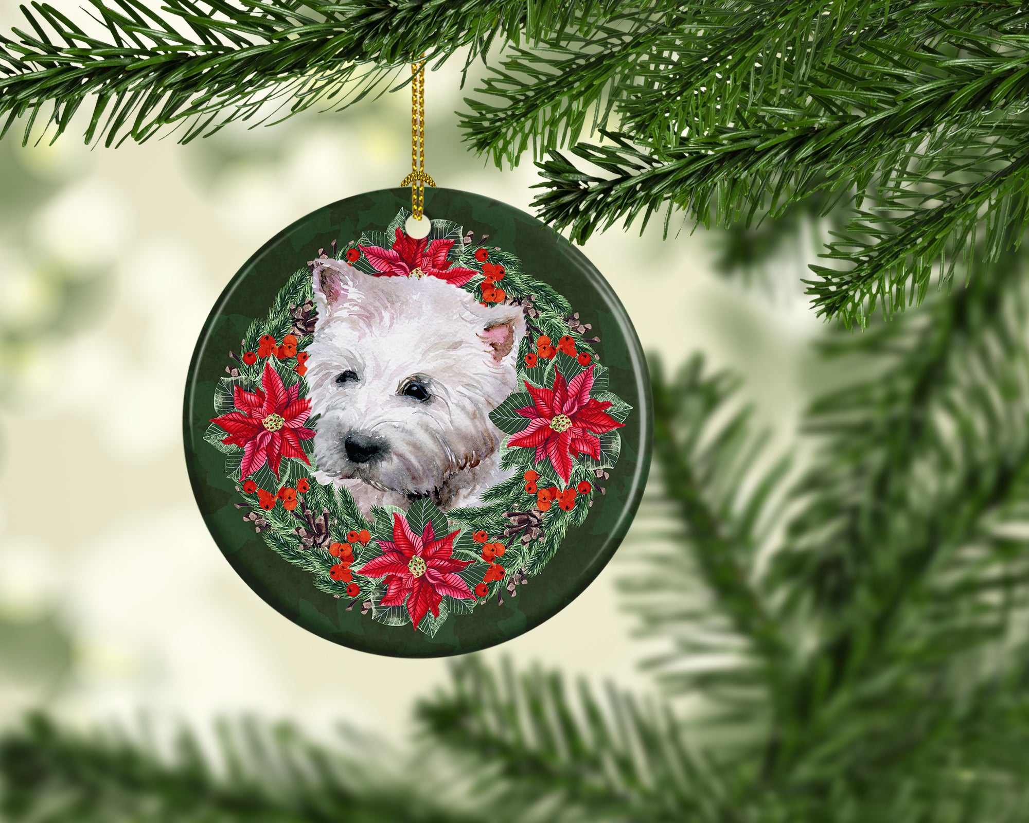 Buy this Westie Poinsetta Wreath Ceramic Ornament
