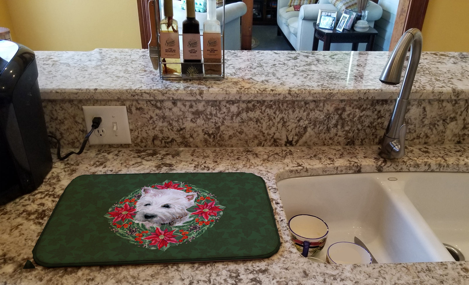 Caroline's Treasures Westie Poinsetta Wreath Dish Drying Mat – Absorbent, Artistic Kitchen Essentials CK1567DDM