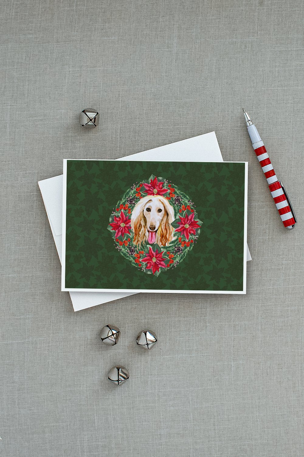 Afghan Hound Poinsetta Wreath Greeting Cards and Envelopes Pack of 8 - the-store.com