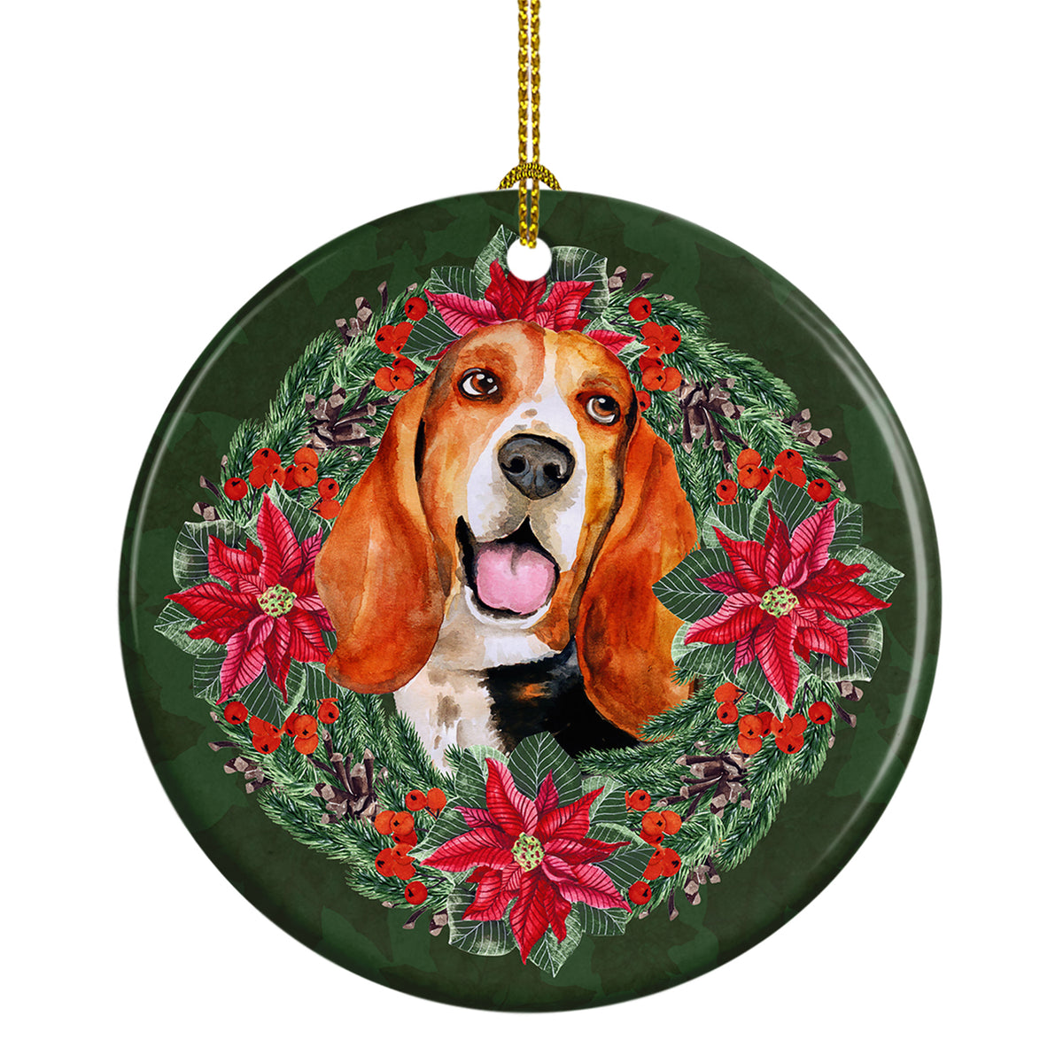 Buy this Basset Hound Poinsetta Wreath Ceramic Ornament