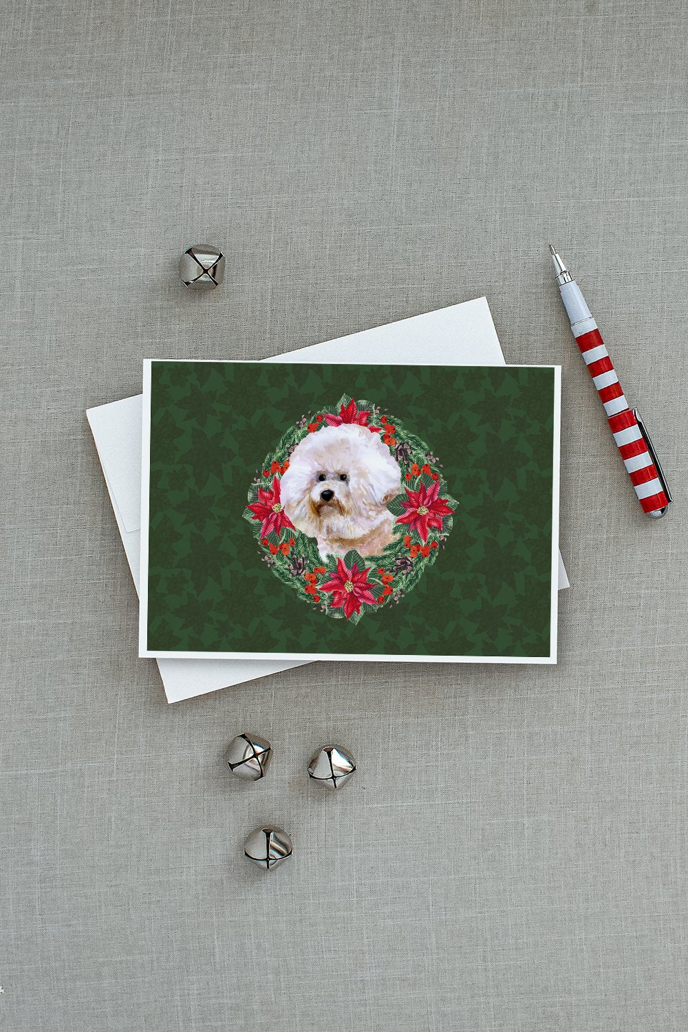 Bichon Frise #2 Poinsetta Wreath Greeting Cards and Envelopes Pack of 8 - the-store.com