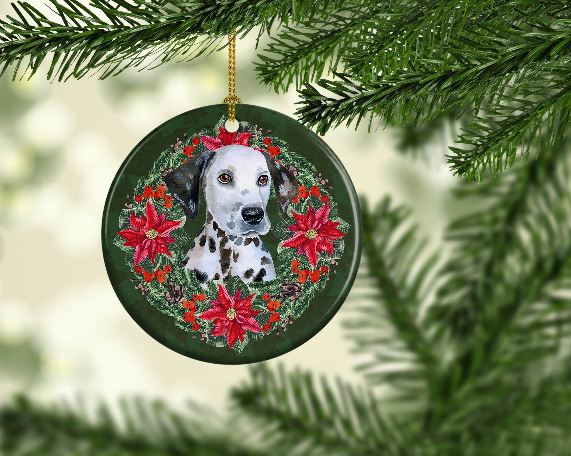 Dalmatian Puppy Poinsetta Wreath Ceramic Ornament - the-store.com