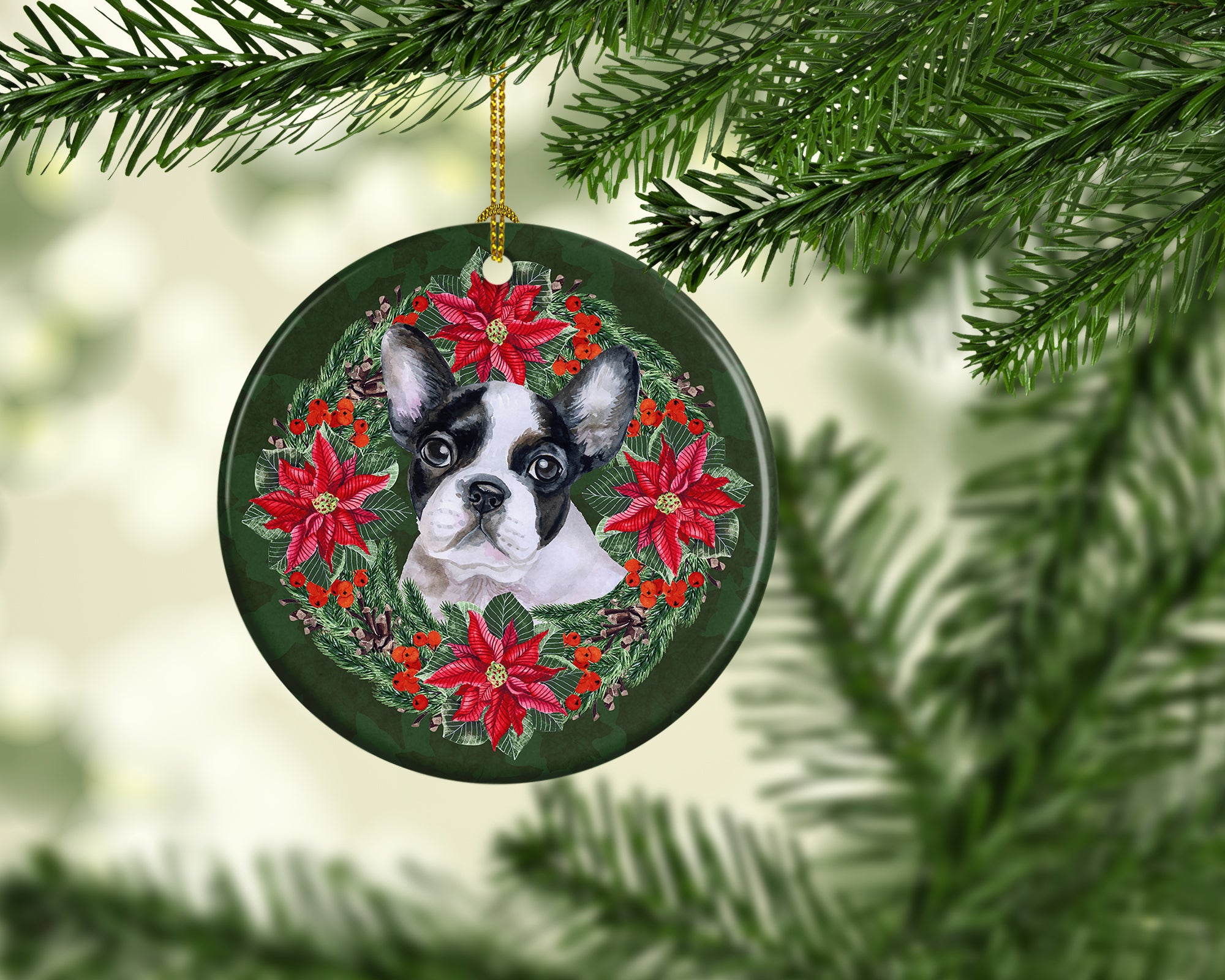 French Bulldog Black White Poinsetta Wreath Ceramic Ornament - the-store.com