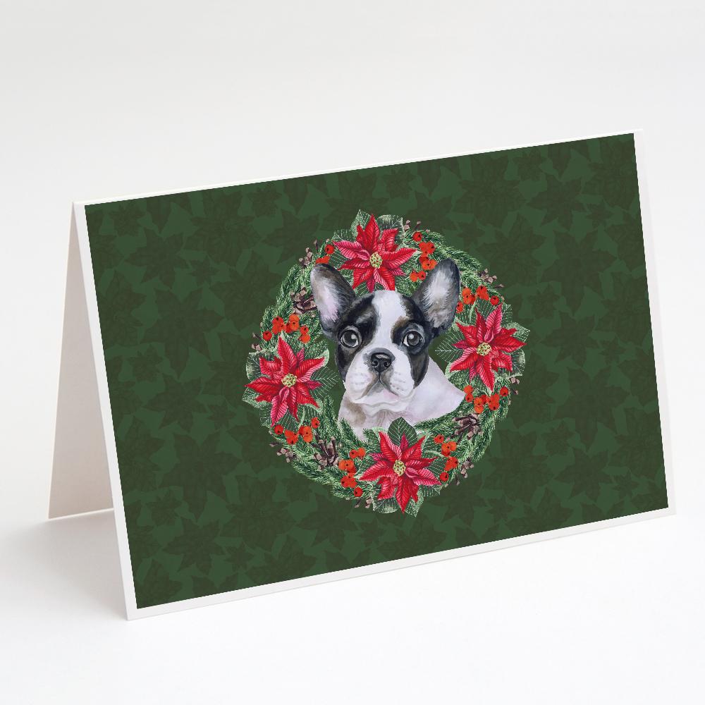 Buy this French Bulldog Black White Poinsetta Wreath Greeting Cards and Envelopes Pack of 8