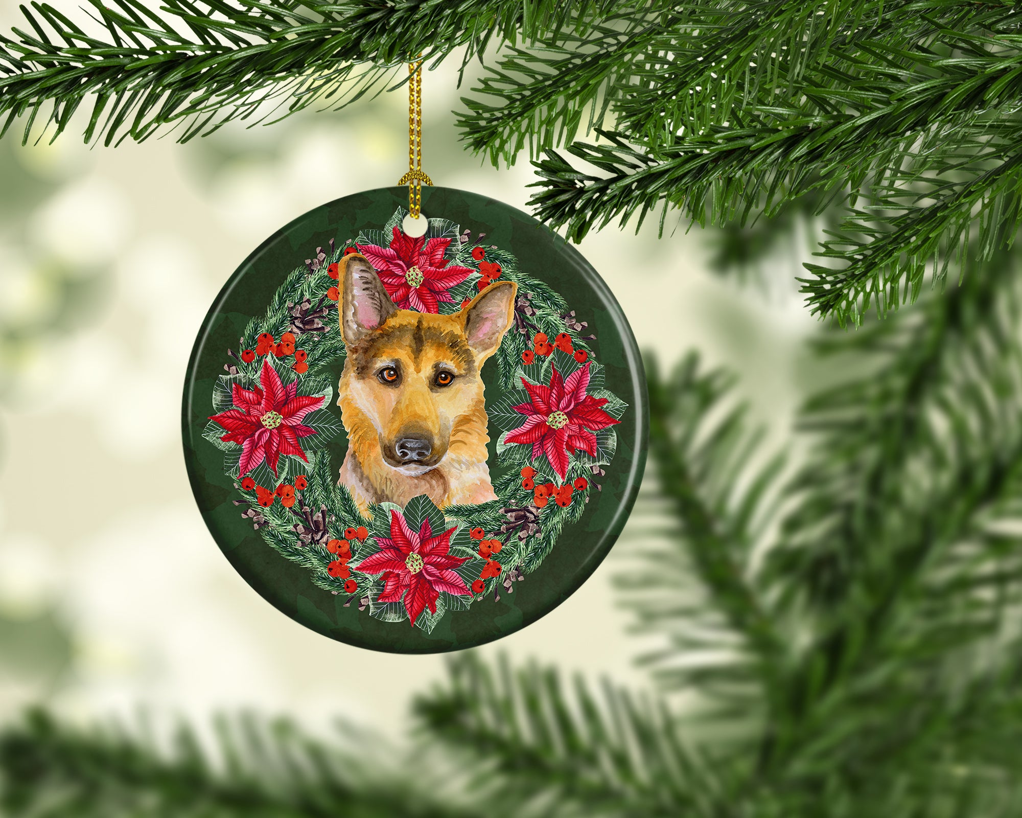 Buy this German Shepherd #2 Poinsetta Wreath Ceramic Ornament