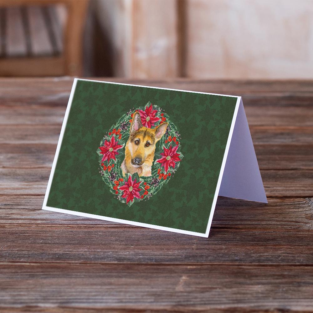 German Shepherd #2 Poinsetta Wreath Greeting Cards and Envelopes Pack of 8 - the-store.com