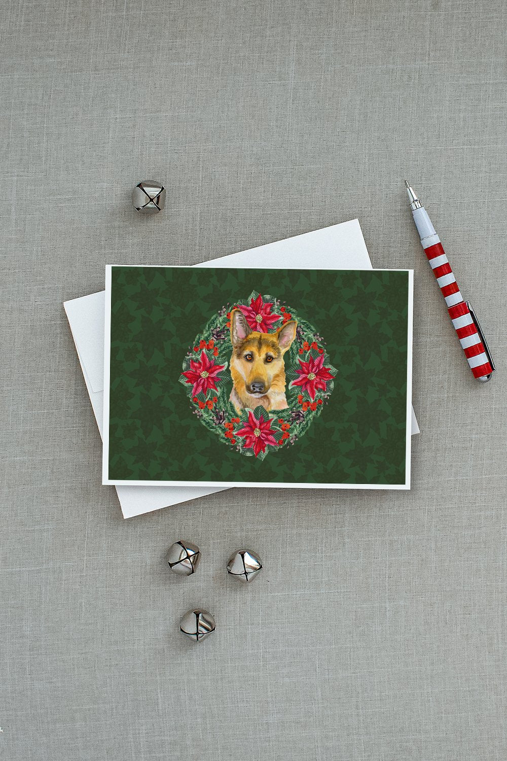 German Shepherd #2 Poinsetta Wreath Greeting Cards and Envelopes Pack of 8 - the-store.com