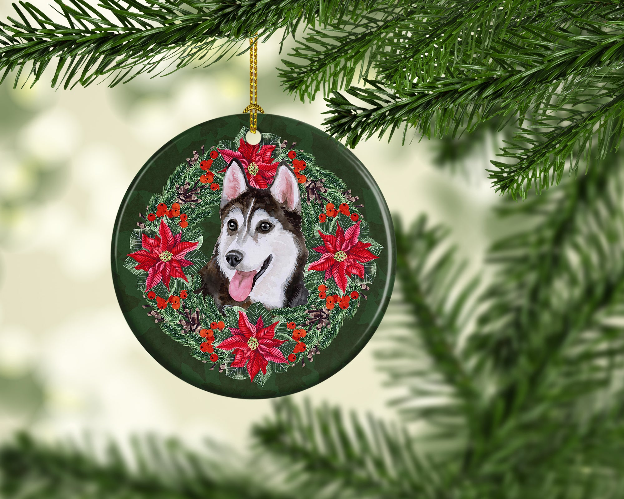Siberian Husky #2 Poinsetta Wreath Ceramic Ornament - the-store.com